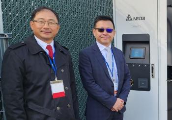 Delta Americas president Kelvin Huang (right) and Automotive VP Charles Zhu demonstrated the 400kW Charger to partners