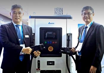 Delta's EVP of global operations Jimmy Yiin (left) and Delta India's president Benjamin Lin unveil the new Green EV Charging Station at Elecrama 2023