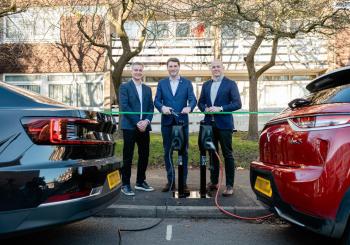 From left to right: Nathan King (head of operations at Connected Kerb), Matt Furniss (cabinet member for transport, infrastructure and growth, Surrey County Council) and Chris Pateman-Jones (CEO of Connected Kerb) at Connected Kerb’s deployment on Hill View Road in Woking, Surrey
