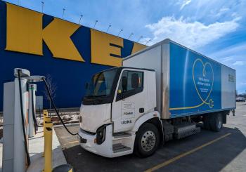 A GoBolt truck recharges at a new commercial charging station at IKEA Ottawa