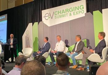 Gil Tal of the University of California, Berkeley (standing) speaks during the panel discussion at panel discussion at the EV Charging Summit & Expo in Las Vegas. Seated (left to right) are: Oscar Rodriguez of NovaCharge - Electric Vehicle Charging Solutions, Andreas Lips of Shell Recharge Solutions, Vic Shao of bp pulse, and Ethan Sprague FreeWire Technologies.