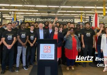 Hertz CEO and chair Stephen Scherr joins City of Orlando Mayor Buddy Dyer, Orange County Public School Leaders, and students from Orange Technical College to celebrate the launch of Hertz Electrifies Orlando