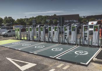 The microgrid at Moto Ferrybridge is a test site for Gridserve which powers six new high power chargers months ahead of when the grid connection is available. Photo: Gridserve