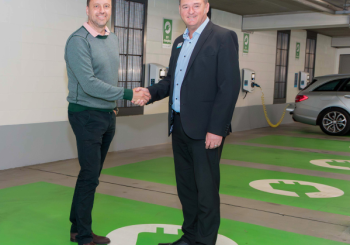 Pictured with some of the charge points are Zest CEO, Robin Heap (left) and Paul McCarthy, GM at Chantry Place. Photo: Zest