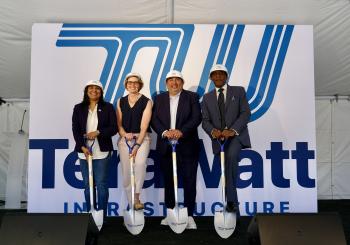 TeraWatt CEO & co-founder Neha Palmer, California Energy Commissioner Patty Monahan, Inglewood councilman Eloy Morales Jr., and State Senator Steven Bradford pose with shovels and hard hats at TeraWatt's LAX area groundbreaking ceremony in Inglewood, CA