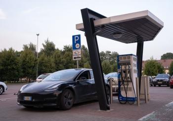 A Tesla Model 3 charging at an Elinta EV charging station in Lithuania. Image: © Wirestock/Dreamstime.com
