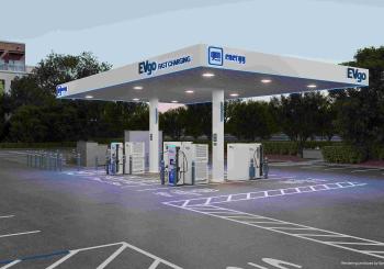 A rendering of a flagship station featuring a protective canopy and pull-through design for easy access. Photo: EVgo